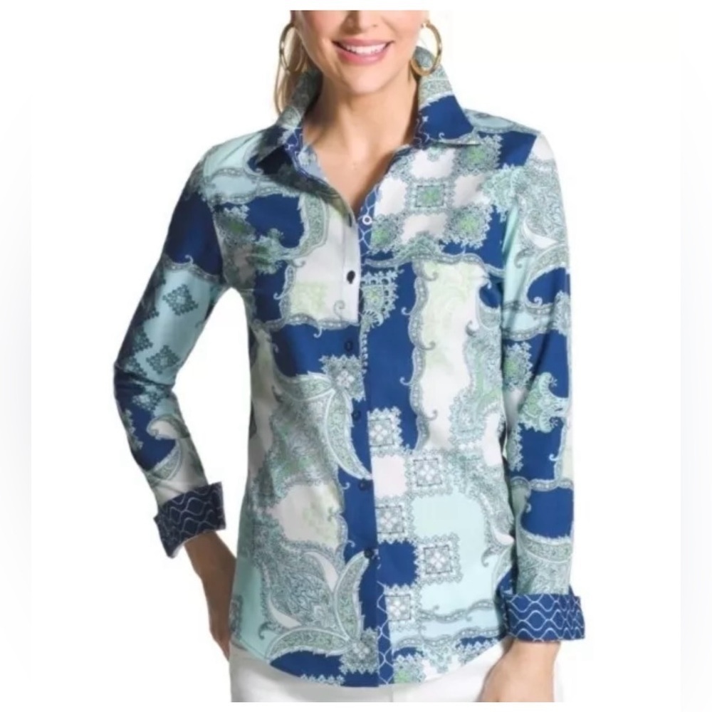 CHICO'S PAISLEY POP GIANA BLOUSE SZ 3 Paisley Print Blue and Green Women's Top